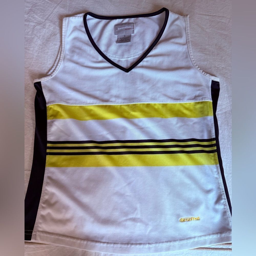 Bolle Sport Woman’s V Neck Sleeveless Top. White/Yellow/blue. Size Small.